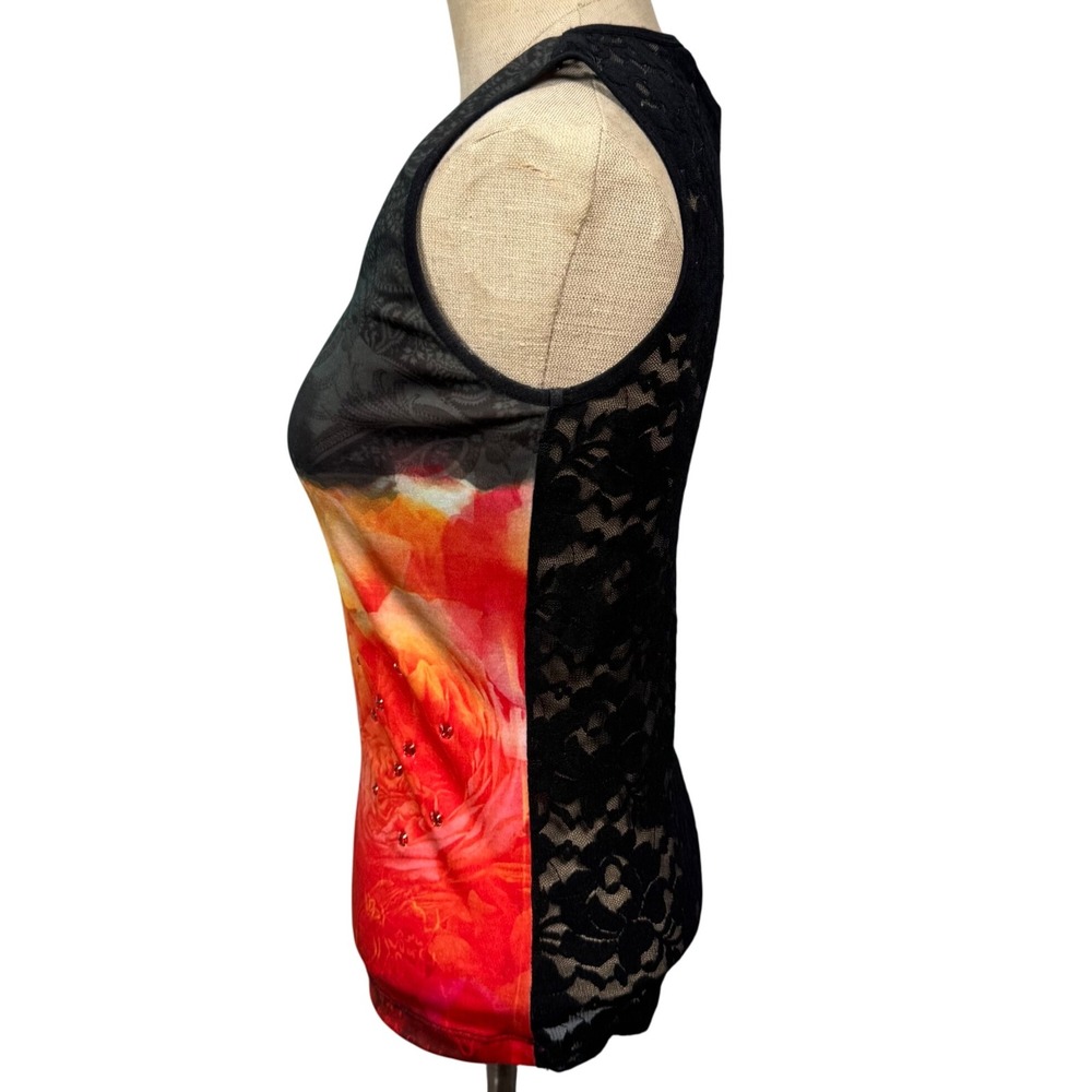 VTG Y2K Brenda's M Black Red Lace Abstract Print Tank Top Phoebe Rhinestone Goth - Picture 3 of 10